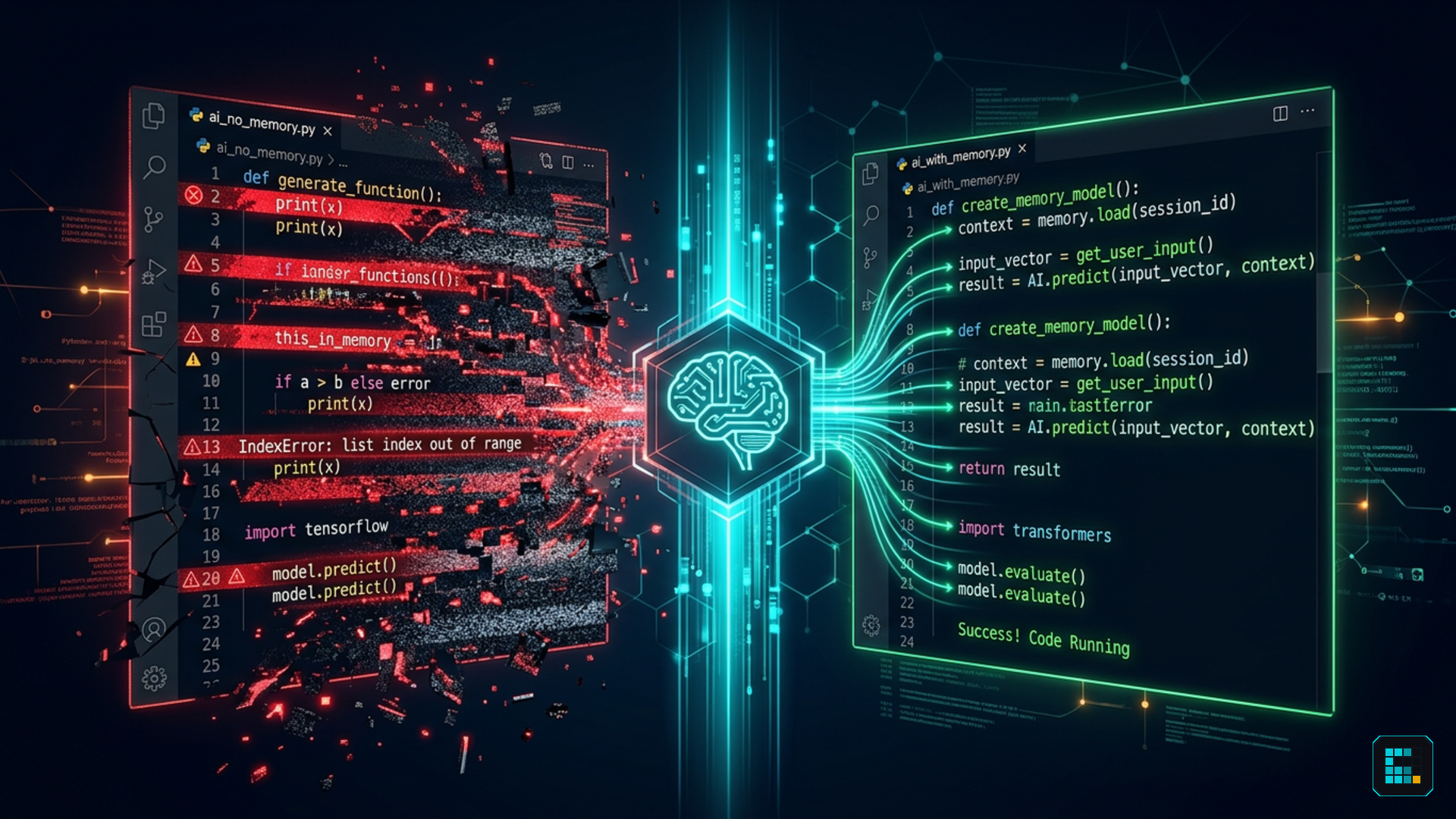 A glowing neural brain fragmenting on one side and being restored by data streams on the other — representing AI memory loss vs persistent memory