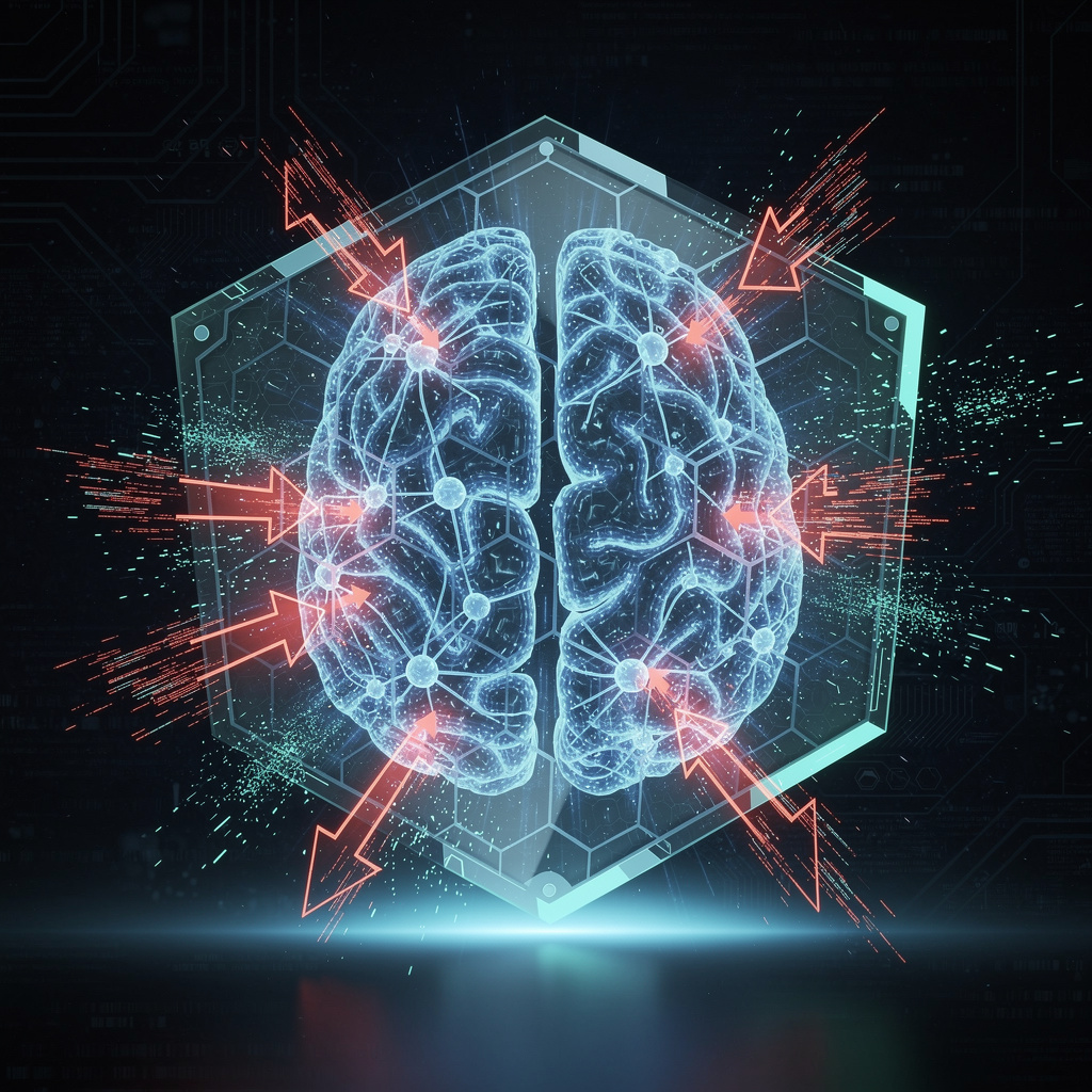 A futuristic digital shield protecting an AI brain from attacks